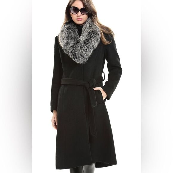 Wool belted coat with fox fur size US 2-4. - Picture 1 of 9